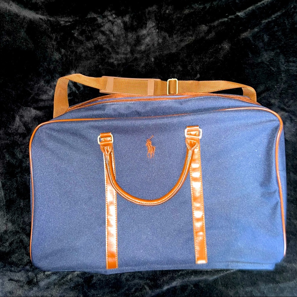 Ralph Lauren Polo Navy & Brown Duffel Bag, Canvas with Leather Handles NWOT
